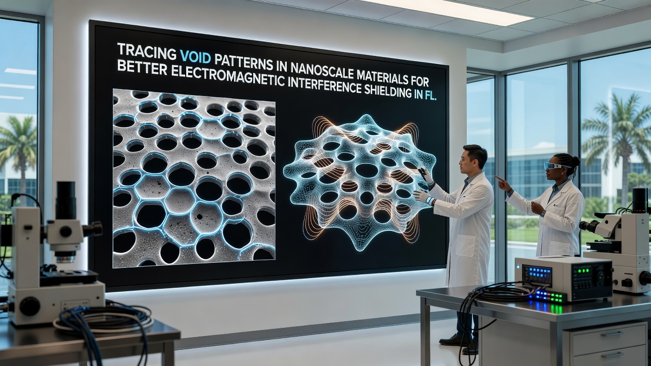 Cross-section view of engineered voids distributed through a flexible composite layer for EMI protection